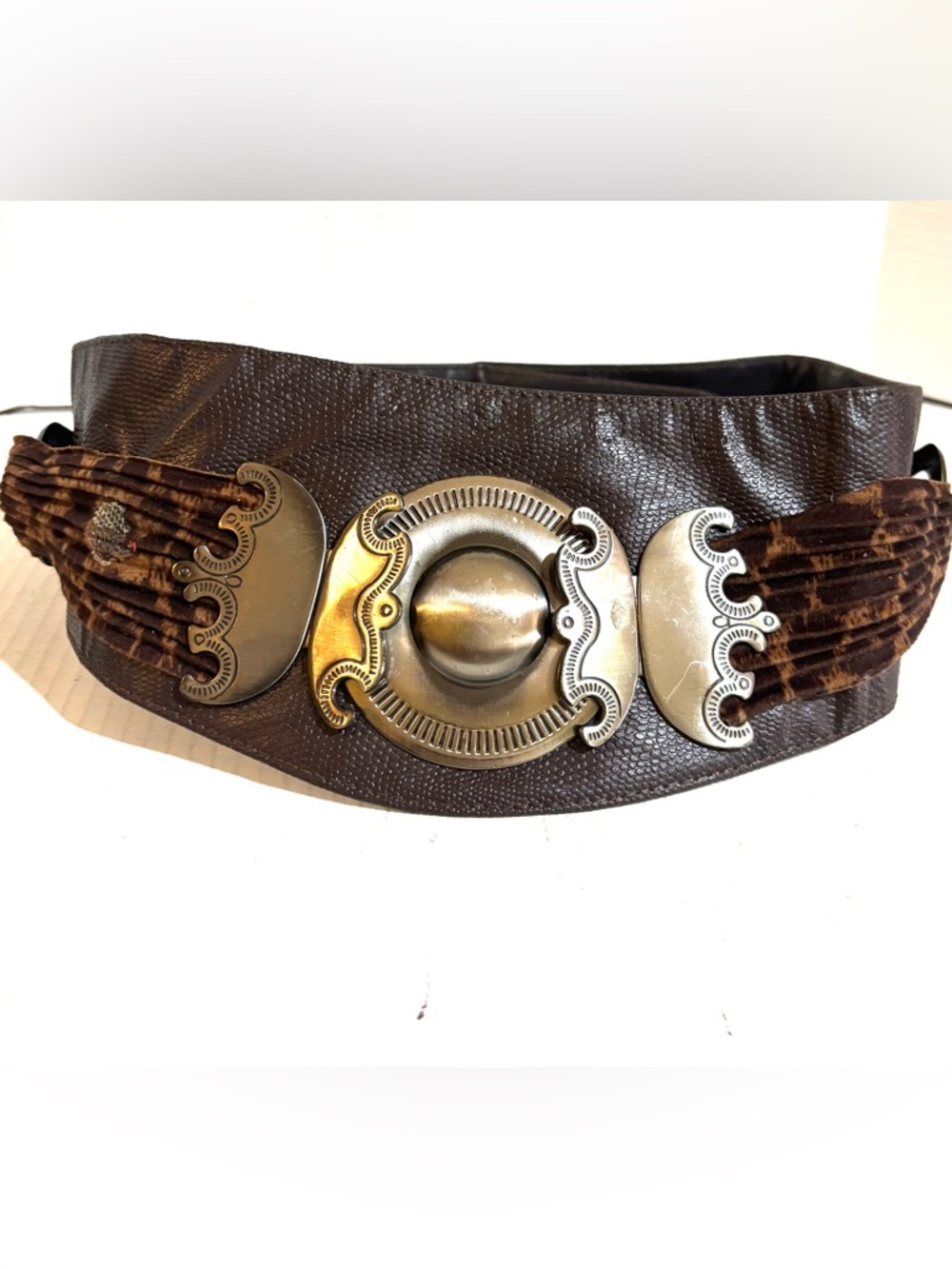 Vintage Brown Belt with Gold-Tone Decorative Medallions